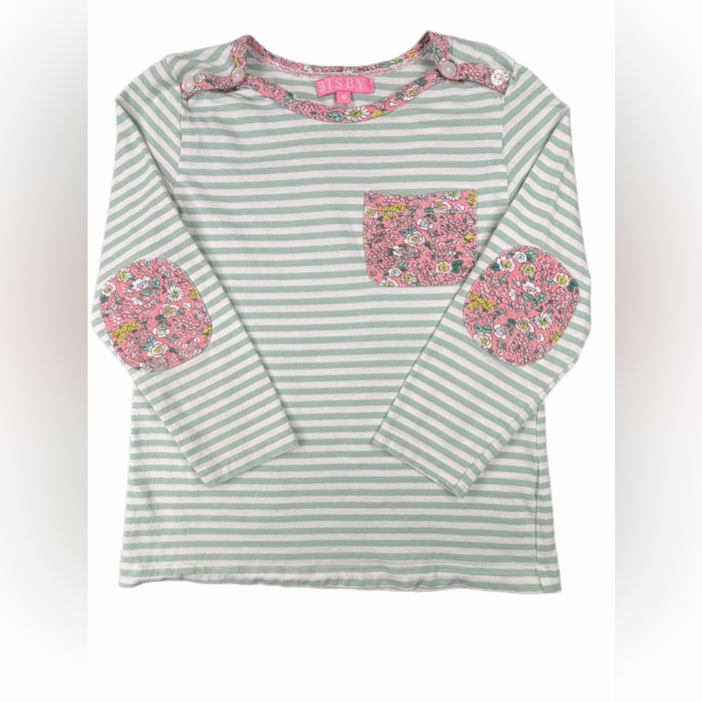 BISBY Girls 3/4 Sleeve Breton Top with Floral Elbow Patches and Pocket - 6